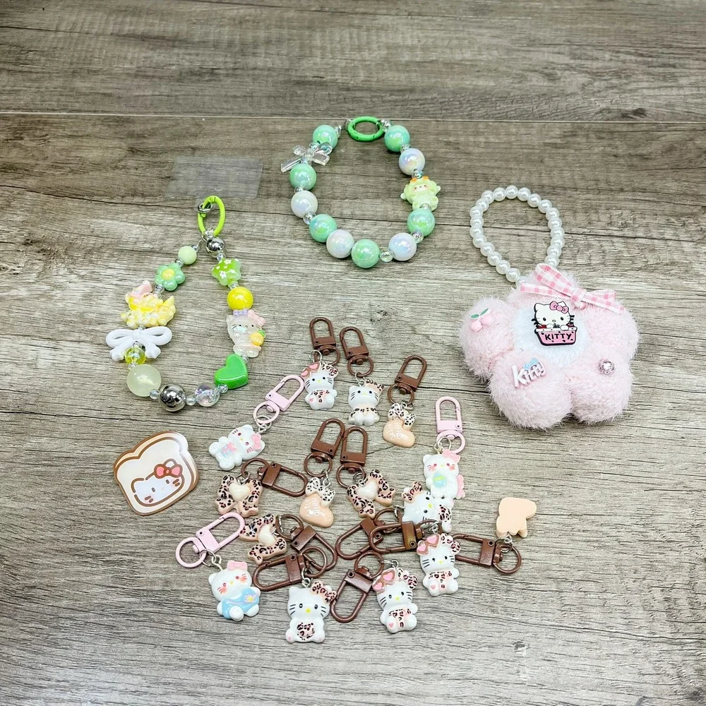 Sanrio Hello Kitty Accessories Lot Beaded Wristlets Plush Charms Clips Kawaii